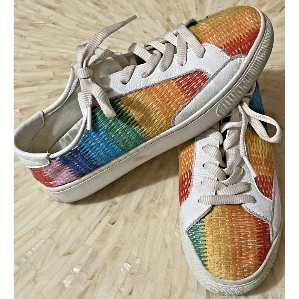 Soludos Ibiza Rainbow Ombre Leather Sneakers Women 8.5 Shoe Low Top Fabric Weave